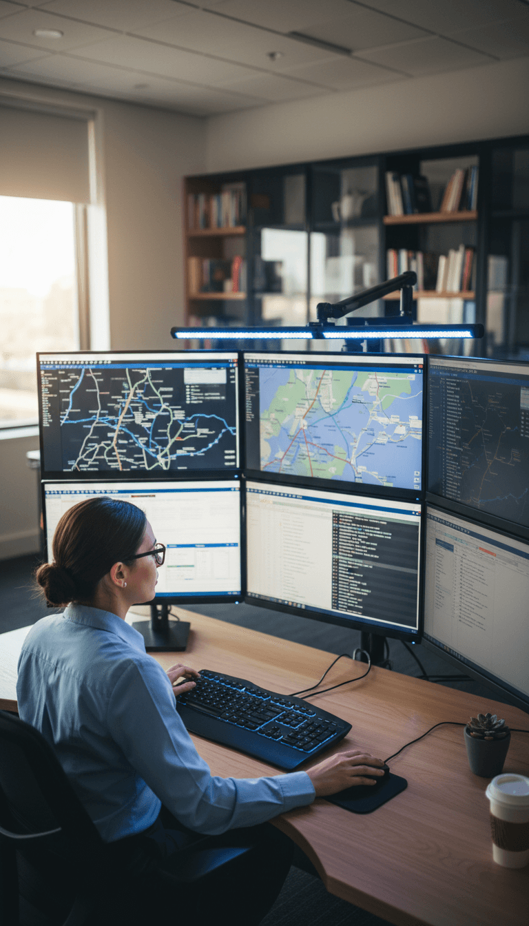 Logistics dispatcher coordinating routes and loads at computer workstation
