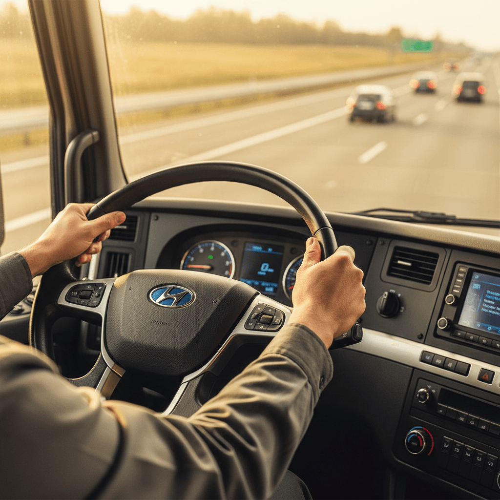 Truck driver operating vehicle with hands on steering wheel
