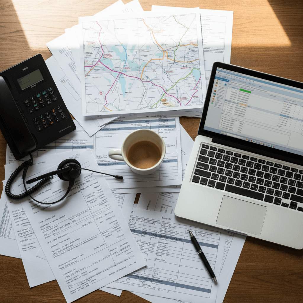 Dispatch coordinator managing loads and routes at desk