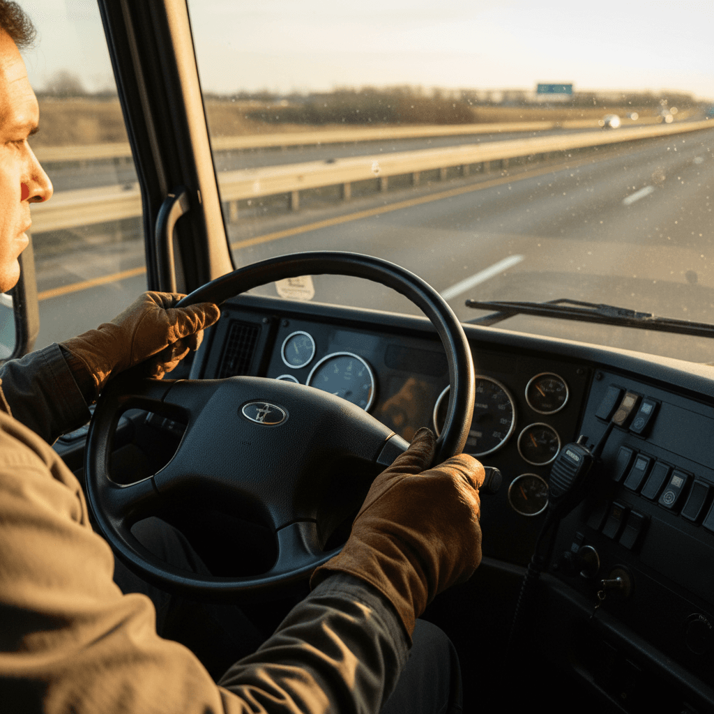 Truck driver focused on the road during golden hour